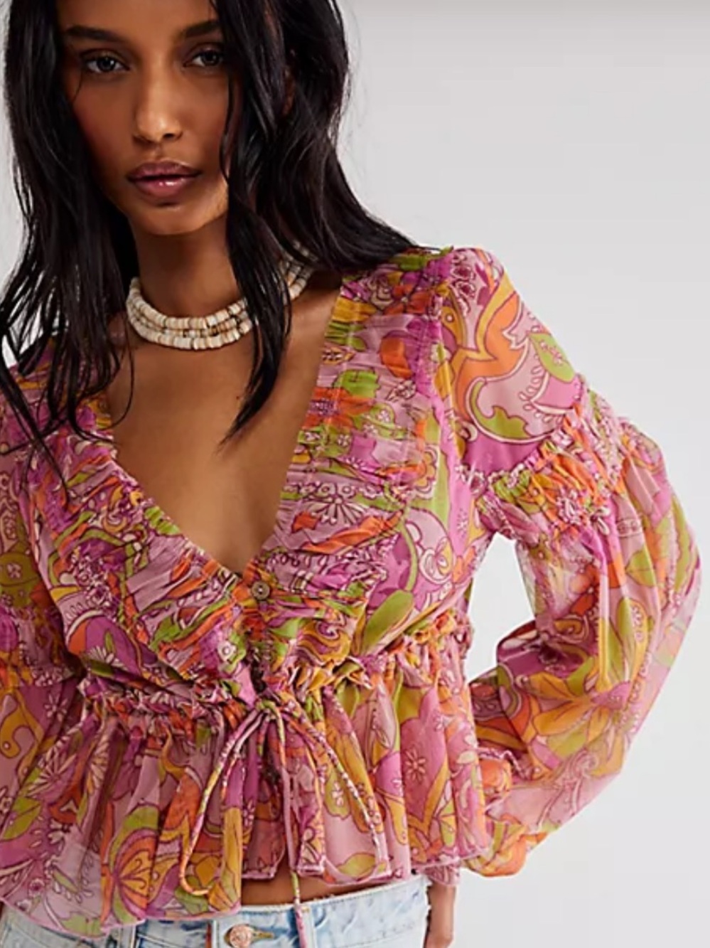 Free People Pink Paisley Ruffle Tie-Front Blouse